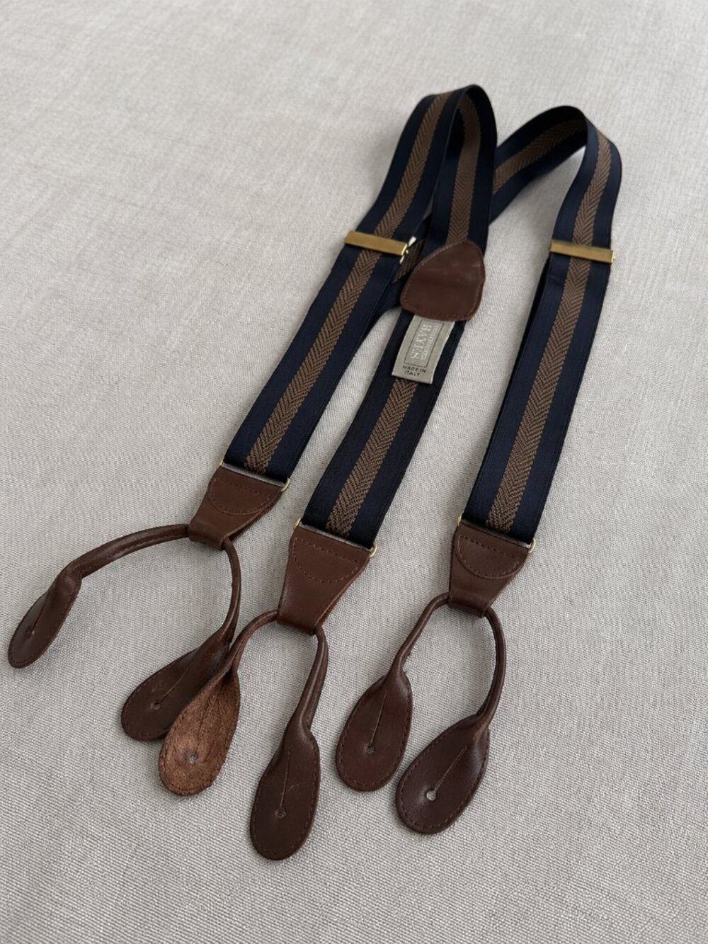 VTG Christopher Hayes Made in Italy Leather Button Suspenders Brown Herringbone